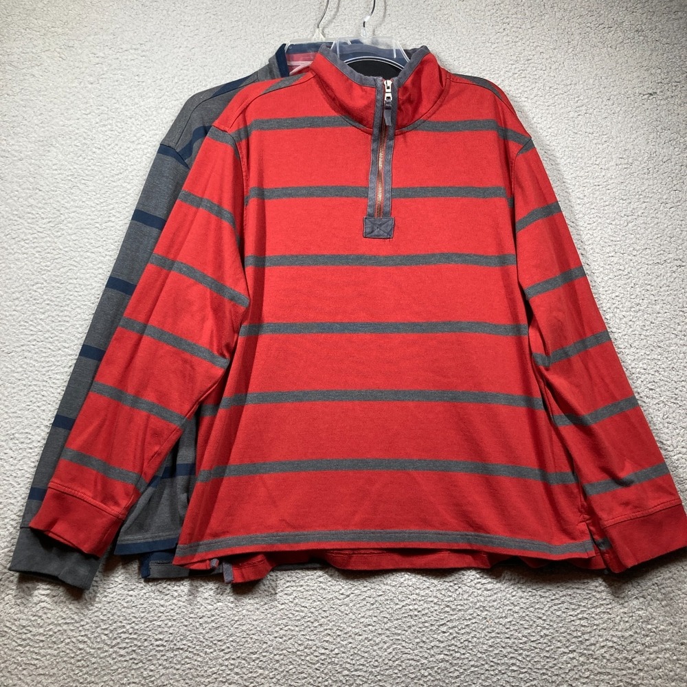 Arrow 1/4 Zip Rugby Shirts Mens 2XL Lot of 2 Red Gray Stripe Long Sleeve Preppy